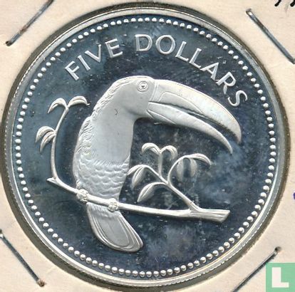 Belize 5 Dollar 1974 (PP - Silber) "Keel-billed toucan" - Bild 2