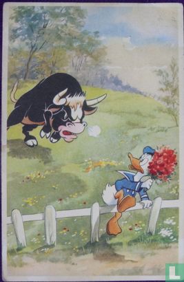 Donald Duck met Bloemen en Stier op Veld - Afbeelding 1