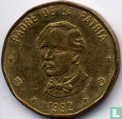 Dominicaanse Republiek 1 peso 1992 (naam onder borstbeeld) - Afbeelding 1