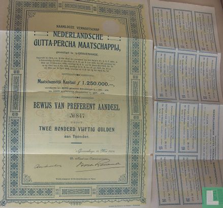 Nederlandsche Gutta-Percha Maatschappij, Bewijs van Preferent aandeel, 250 Gulden, 1908 - Image 1