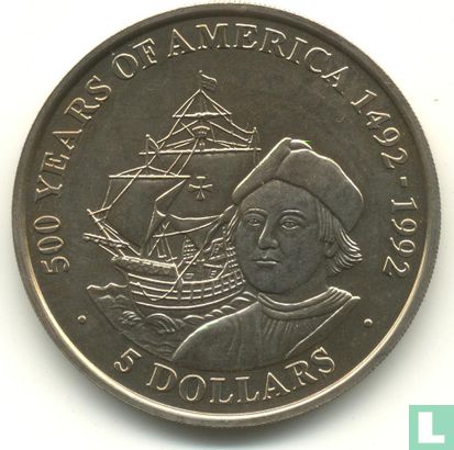 Cook-Inseln 5 Dollar 1991 "500 Years of America" - Bild 2