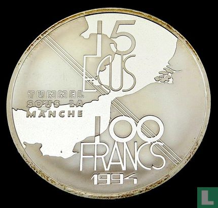 France 100 francs / 15 écus 1994 (PROOF) "Opening of the Channel Tunnel" - Image 1