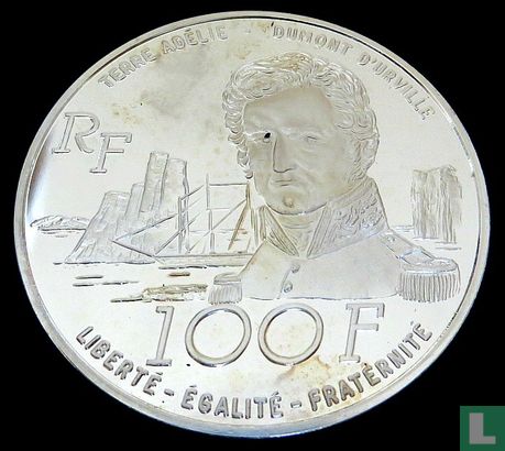 France 100 francs 1992 (PROOF) "150th anniversary of the death of Jules Dumont d'Urville - sea lion" - Image 2