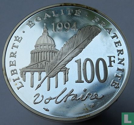 France 100 francs 1994 (PROOF) "300th Anniversary of the birth of Voltaire (1694-1994)" - Image 1