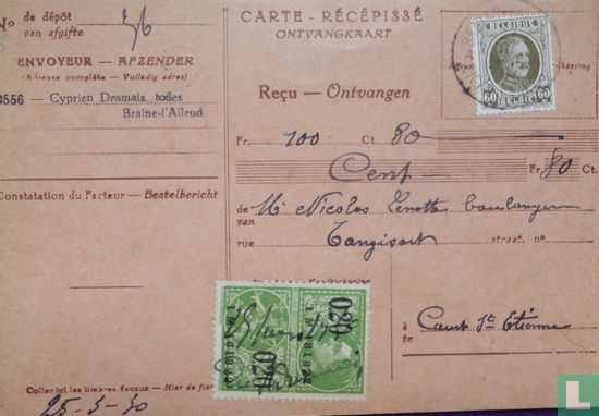 25-3-1930 Ontvangstbewijs Reçu met Tax en Postzegel  - Bild 1