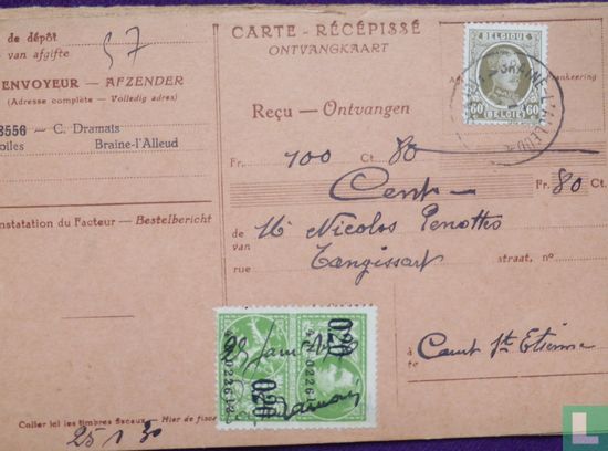 25-1-1930 Ontvangstbewijs Reçu met Tax en Postzegel  - Bild 1
