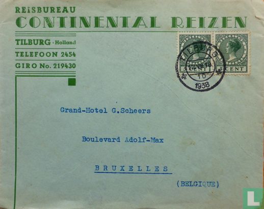 Tilburg - 1938 Continental Reizen BriefPost met Postzegels