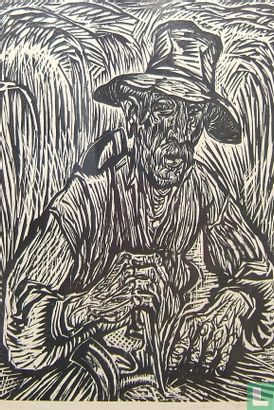 Landarbeider met zeis in korenveld - Afbeelding 1