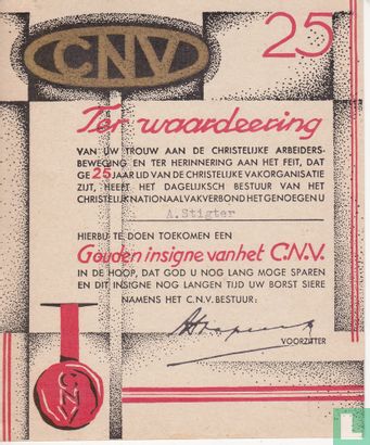 CNV oorkonde 25 jaar lidmaatschap