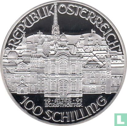 Oostenrijk 100 schilling 1991 (PROOF) "200th anniversary Death of Wolfgang Amadeus Mozart - Burgtheater" - Afbeelding 1