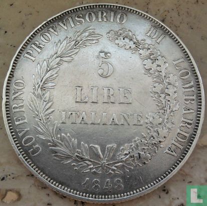 Lombardije-Venetië 5 lire 1848 - Afbeelding 1