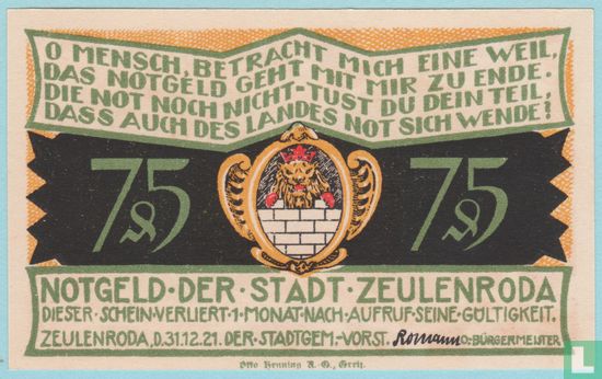 Zeulenroda, Stadt - 75 Pfennig (5) 1921 - Bild 2