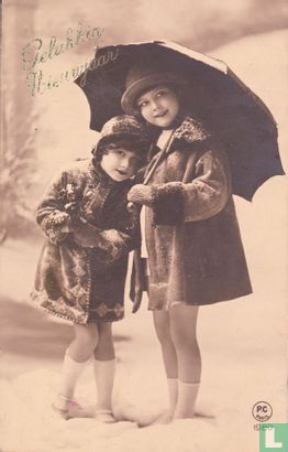 Gelukkig Nieuwjaar: Kinderen in de sneeuw onder paraplu - Image 1