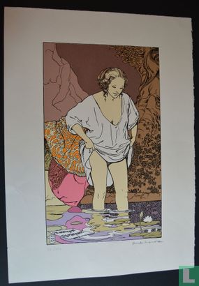 Woman wading in a stream