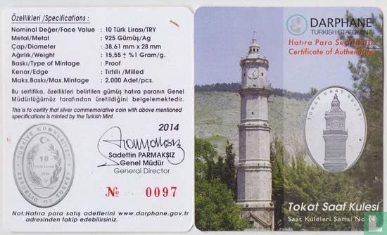 Turkije 10 türk lirasi 2014 (PROOF) "Tokat Clock Tower" - Afbeelding 3