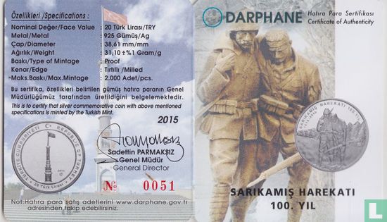 Turkey 20 türk lirasi 2015 (PROOF) "100th Anniversary of the Battle of Sarikamis"  - Image 3
