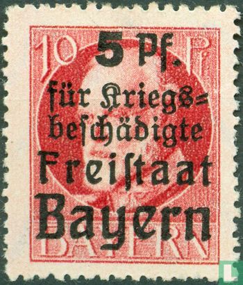 Koning Ludwig III van Beieren, met opdruk "5 Pf. für Kriegsbeschädigte Freistaat Bayern"