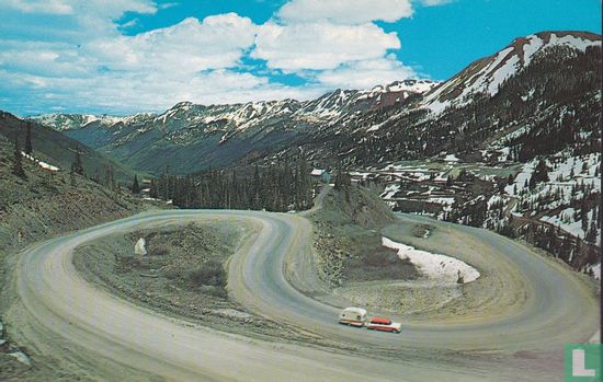 Switchbacks on Red Mountain Pass Silverton Ouray Million dollar Highway Retro caravan car - Image 1