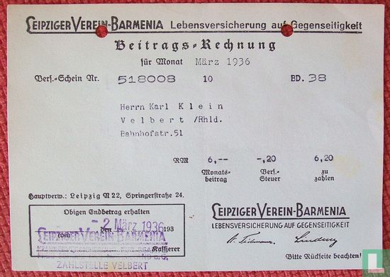 Leipziger Verein-Barmenia Rechnung v. 1936 - Afbeelding 1