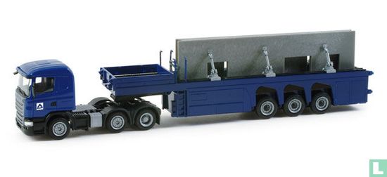 Scania R 09 HL cement part semitrailer with two parts of a house 'Hochtief'