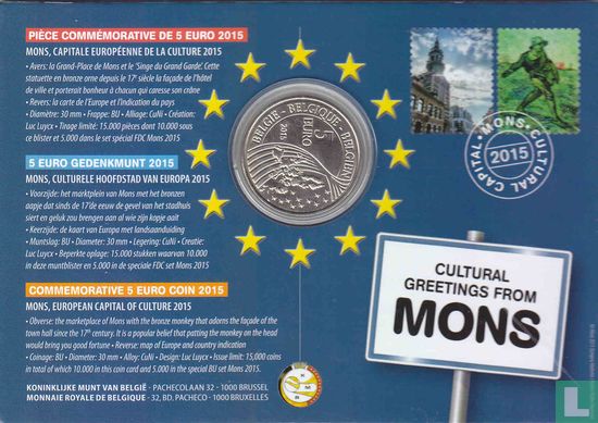Belgique 5 euro 2015 (coincard) "Mons - European Capital of Culture" - Image 2