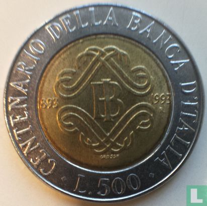 Italië 500 lire 1993 (bimetaal - type 2) "Centenary of the Bank of Italy" - Afbeelding 1