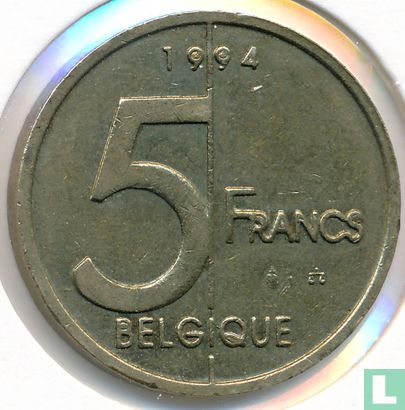 Belgium 5 francs 1994 (FRA - upper part of the B is full) - Image 1