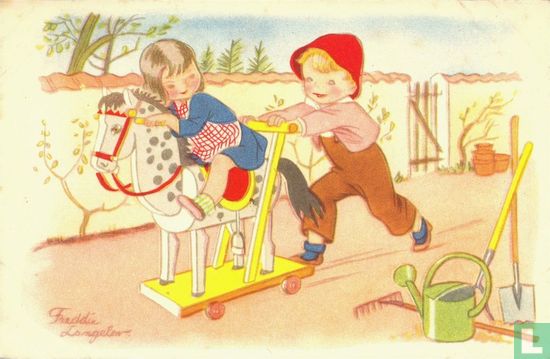 Jongetje duwt meisje op houten paard - Afbeelding 1