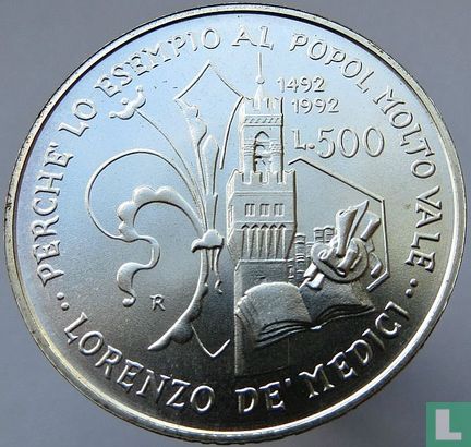 Italië 500 lire 1992 "500th anniversary Death of Lorenzo de' Medici" - Afbeelding 1