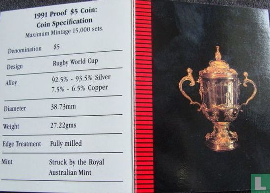Nieuw-Zeeland 5 dollars 1991 (PROOF) "Rugby World Cup" - Afbeelding 3
