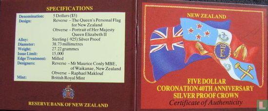 Nieuw-Zeeland 5 dollars 1993 (PROOF - zilver) "40th anniversary Coronation of Queen Elizabeth II" - Afbeelding 3