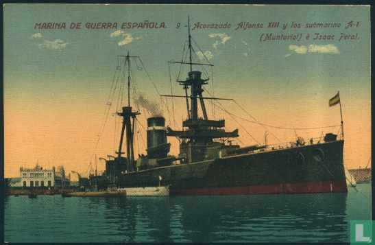 Marina de guerra espanola. Acorazado Alfonso XIII y los submarino A-1 (Monturiol) e Isaac Peral