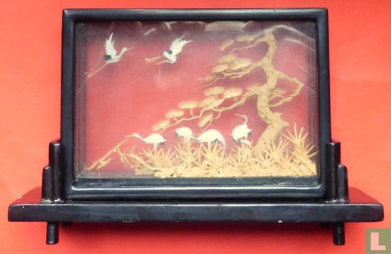 Chinees  landschap met Kraanvogels in kurk in glas Diorama   - Afbeelding 3