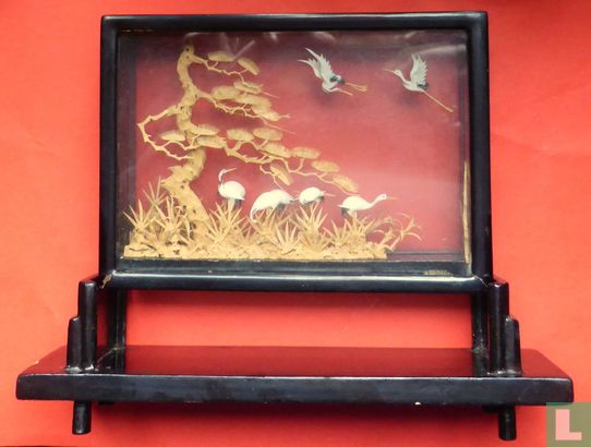 Chinees  landschap met Kraanvogels in kurk in glas Diorama   - Afbeelding 2