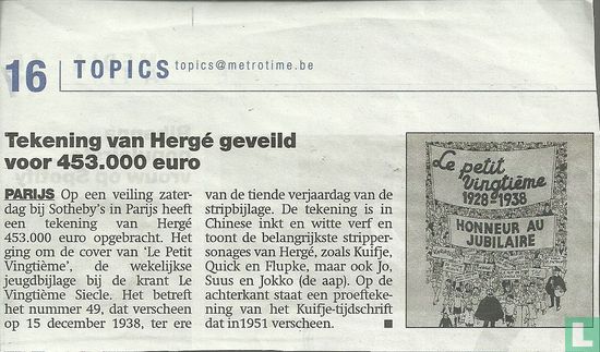Kuifje - Tekening van Herge geveild voor 453.000 euro