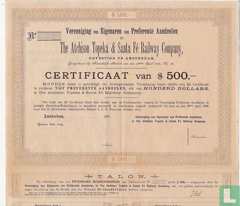 The Atchison Topeka & Sante Fe Railway Company Certificaat van $ 500 - Image 1