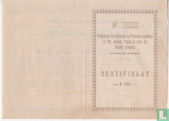 The Atchison Topeka & Sante Fe Railway Company Certificaat van $ 500 - Image 2