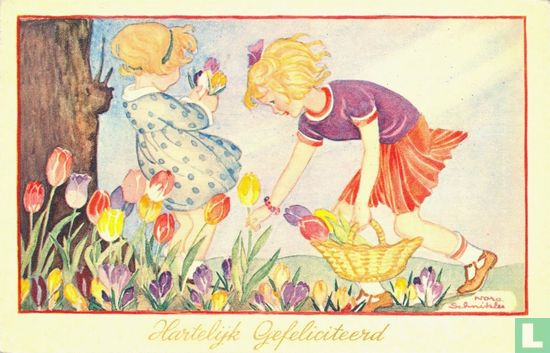 Meisjes plukken tulpen Hartelijk Gefeliciteerd - Afbeelding 1