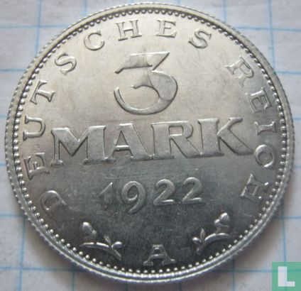 German Empire 3 mark 1922 (A) - Image 1