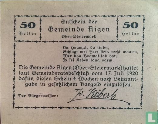 Aigen 50 Heller 1920 - Afbeelding 2