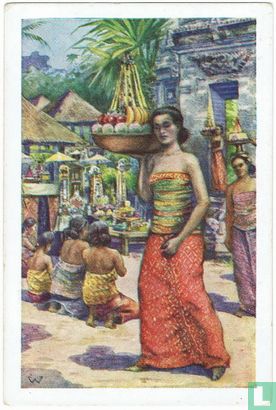 Balineesche vrouwen met Offerranden, - Afbeelding 1