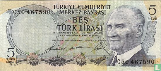 Turkey 5 Lira ND (1968/L1930) - Image 1