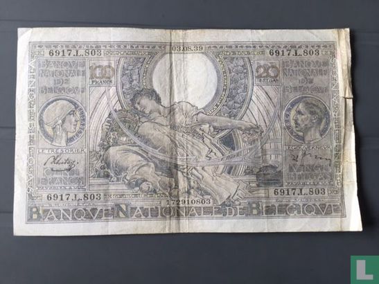 100 francs 20 belgas 1939  - Afbeelding 1