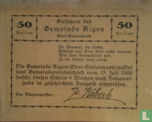 Aigen 50 Heller 1920 - Afbeelding 2