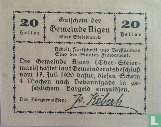 Aigen 20 Heller 1920 - Bild 2