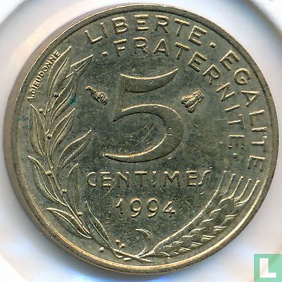 Frankreich 5 Centime 1994 (Biene) - Bild 1