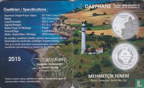 Turkey 20 türk lirasi 2015 (PROOF) "Mehmetcik Lighthouse" - Image 3