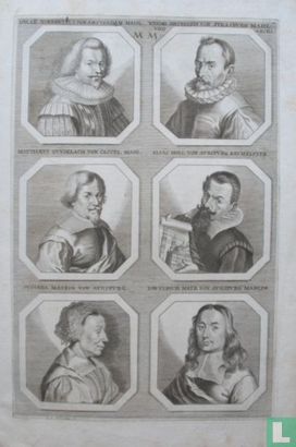 Portretten van: Johannes Torrentius (1589-1644); Wendel Dietterlin (ca. 1550 - 1599); Matthäus Gundelach (1566-1653); Elias Holl (1573-1646); Susanna Mayr (1600-1674); en Johann Ulrich Mayr (1629-1704). 
