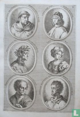 Portretten van: Fra Angelico (ca. 1395 - 1455); Fra Filippo Lippi (ca. 1406 - 1469); Francesco Petrarca (1304-1374); Laura; Paracelsus (ca. 1493 - 1541); Leon Battista Alberti (1404-1472).