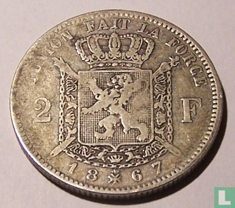 Belgique 2 francs 1867 (sans croix sur couronne) - Image 1